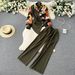Retro Women's Set – Asymmetrical Print Shirt With High-Waisted Wide-Leg Pants (Cropped Sleeve, Purple/Peach/Black/Orange/Blue/Army Green/Beige)_ecoleips.com