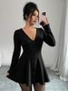 2026 Spring/Summer New Women's Knitted Flower-Petal Bottom V-Neck Petite Shangxia Long-Sleeved Solid Color Mini Dress_ecoleips.com