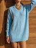 Lightweight Airy Stand Collar Split V Neck Loose Long Sleeve Knit Dress_ecoleips.com