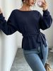 Women Boat Neck Long Sleeve Knit Top, Loose Waist Tie Sweater Lightweight Breathable Ribbed Cuffs Soft Skin Friendly Knit Blouse_ecoleips.com