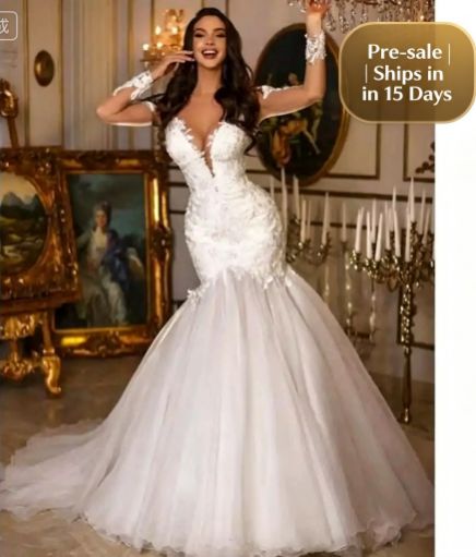 Spring New White Wedding Dress Slim Fishtail Sexy V Neck Long Sleeved Lace Banquet Evening Dress 【Pre-sale | Ships In 15 Days】_ecoleips.com