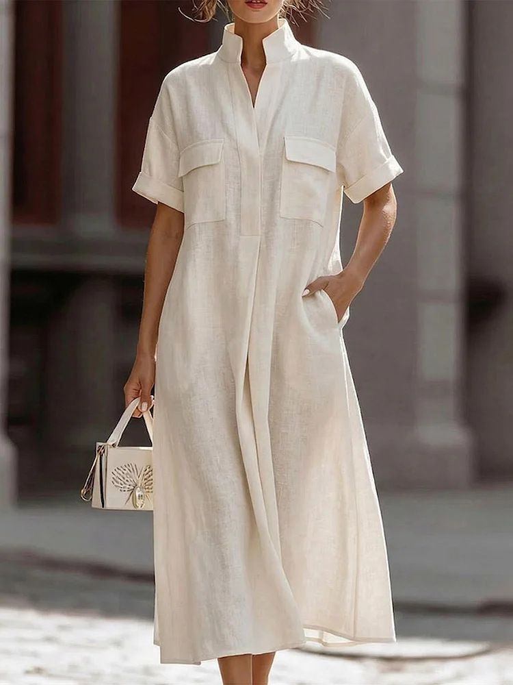 2026 Summer Short-Sleeved, Pocket-Placed Casual, Loose-Fitting, Solid Color Cotton-Linen Dress For Women_ecoleips.com
