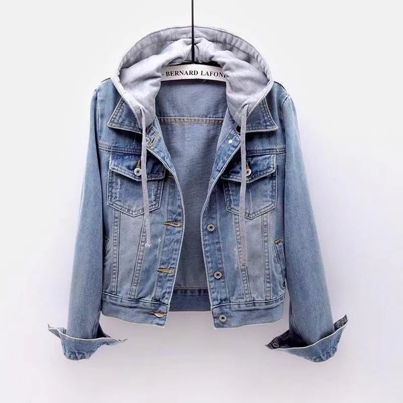 Women's Denim Jacket With Hood Oversized Casual Coat Long Sleeve Spring/Fall Outerwear Comfortable Stretch Fit For Students Work ( Light/Deep Blue)_ecoleips.com