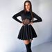 Women's High Neck Long Sleeve Short Dress Fashion Mesh Patchwork See Through Fishbone Waist Cinching_ecoleips.com