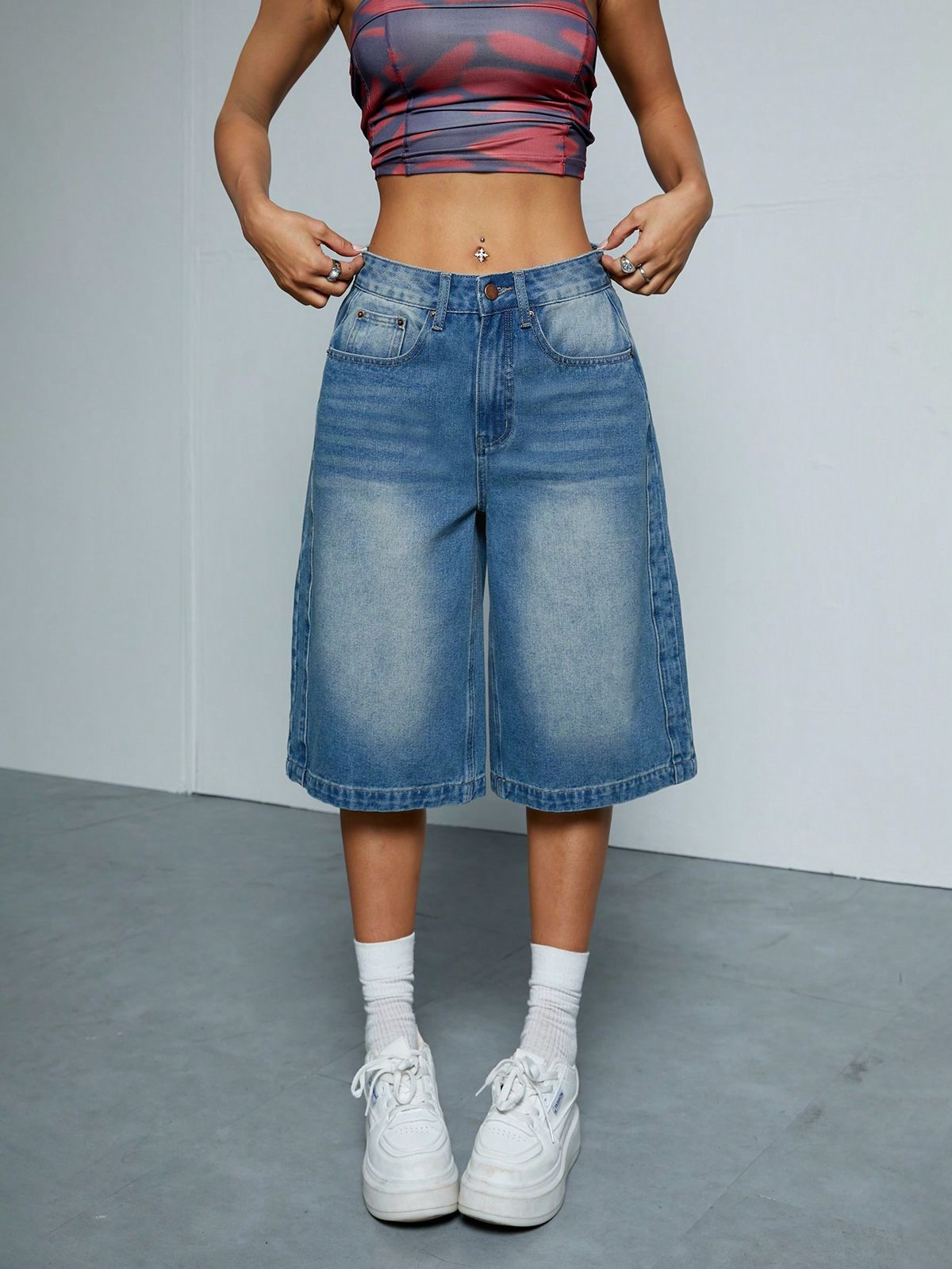 Women’s Premium Washed Straight Leg Denim Shorts – High Waist Loose Fit Casual Mid-Length Summer Shorts_ecoleips.com