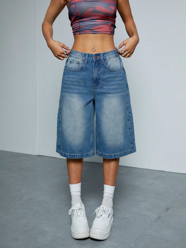 Women’s Premium Washed Straight Leg Denim Shorts – High Waist Loose Fit Casual Mid-Length Summer Shorts_ecoleips.com