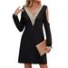 Elegant Women's V Neck Long Sleeve Dress Solid Color With Lace Trim Hollowed Out Style Autumn Winter New_ecoleips.com