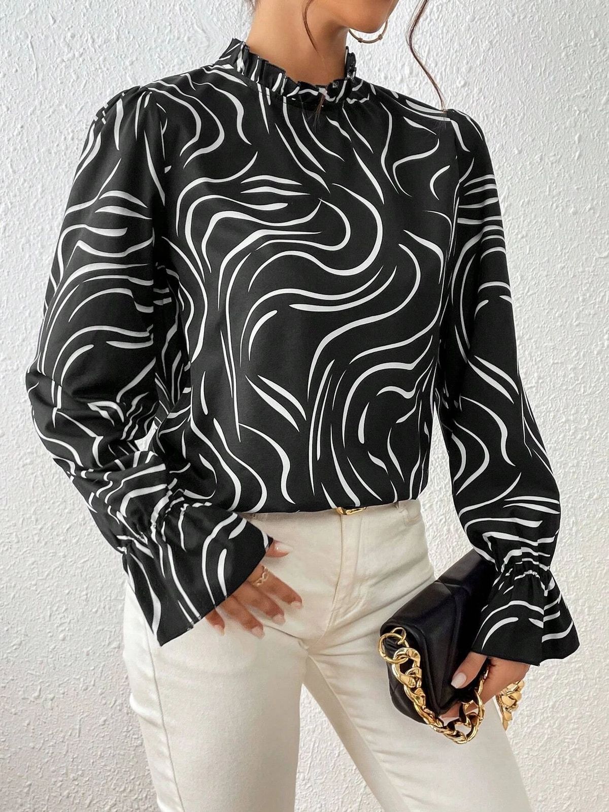 Women's Clothing Women's Printed Ruffled Long Sleeve Shirt Ruffled Collar Top Style Spring Autumn Fashion For Formal & Casual For Women_ecoleips.com