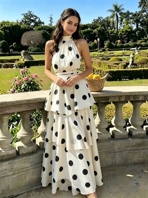 New 2026 Polka Dot Print Halter Neck Sleeveless Top And Cake Skirt Set for Women European American Cross Border Independent Websites_ecoleips.com