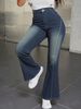 Women's Denim Look Flare Pants High Waisted Stretchy Bell Bottom Trousers With Vintage Wash Print Soft Knit Fabric For Casual_ecoleips.com