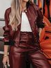 Women's Stylish Design Two Piece Set Unique Pocket Workwear PU Leather Jacket And Trousers_ecoleips.com