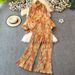 Women's Clothing Women's Fashion Suit European American Loose Fit Printed Shirt Two Piece Casual High Waist Wide Leg Pants Spring Lantern Sleeves_ecoleips.com