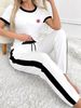 Women's Casual Sporty Two-Piece Set Short Sleeve Top Comfortable Pants Black White-1S_ecoleips.com