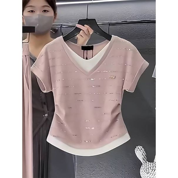 Women's Rhinestone Faux Two Piece Top Short Sleeved T-Shirt 90% Cotton 10% Spandex Fashionable_ecoleips.com