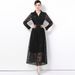 French-Inspired Slim-Fit Long Sleeve Polo Dress With Lace Hem & Belt – Elegant A-Line Maxi Dress For Banquets (Black)_ecoleips.com