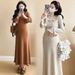 Autumn New Korean Fashion Stretch Floral Knitted Maternity Dress_ecoleips.com