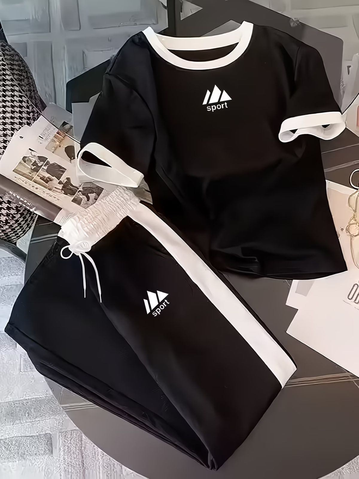 Women's Clothing Summer Fashion Triangle Logo Print Color Block Casual Two Piece Set Black White_ecoleips.com