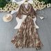Elegant Abstract Print Wrap Top With Flared Sleeves And High-Waisted Pleated Maxi Skirt Set, Criss-Cross Back Women's Outfit_ecoleips.com