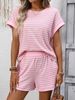 New Women's Round Neck Patchwork Short Sleeved Shorts Fashion Casual Two-piece Set. No Necklaces Or Other Accessories_ecoleips.com