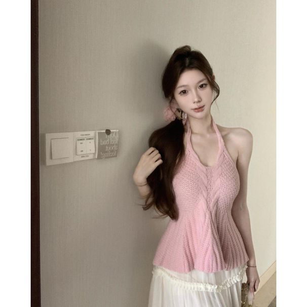 Hot Girl Style Sexy Backless Halter Neck Camisole For Women, 2026 Summer New Twist Slim-fit Knitted Korean-style Top_ecoleips.com
