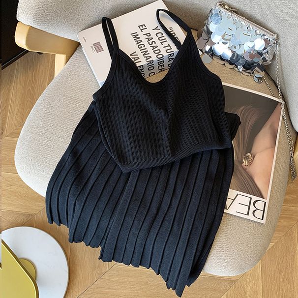 Women's Clothing Summer New Solid Color Sweet Hot Girl Pure Desire Style Suspender Skirt Knitted Skirt Pleated Dress_ecoleips.com