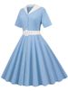 Vintage Turn-down Collar Blue Summer Dress For Women Elegant Short Sleeve Solid Office Party Midi Sundress A-line High Waist_ecoleips.com
