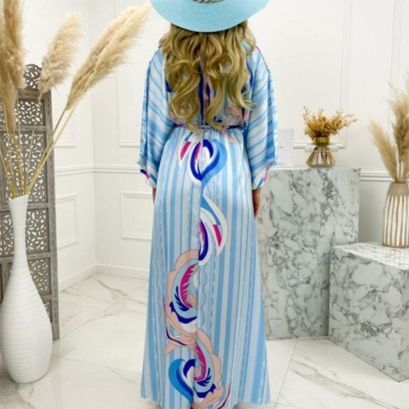 Women's V Neck Long Dress Printed Tie Waist Autumn Clothing Fashion_ecoleips.com