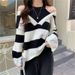 Women's Retro Striped Soft Waxy Sweater - Oversized Off Shoulder Pullover, Loose Fit, Cozy & Stylish For Autumn Winter_ecoleips.com