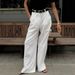 European American Style White Women's Workwear Trousers, Fashionable Versatile, High-waisted Casual Loose And Simple,_ecoleips.com