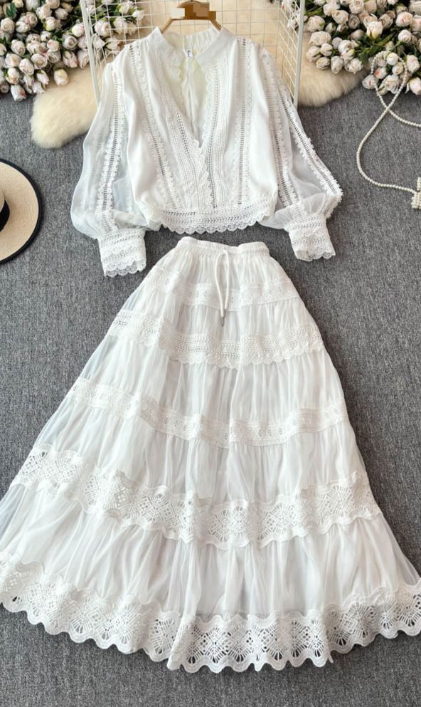 Women's Clothing Autumn Celebrity Style Lantern Sleeve Long Sleeve Splicing Shirt + A Line Skirt Suit Dress Women_ecoleips.com