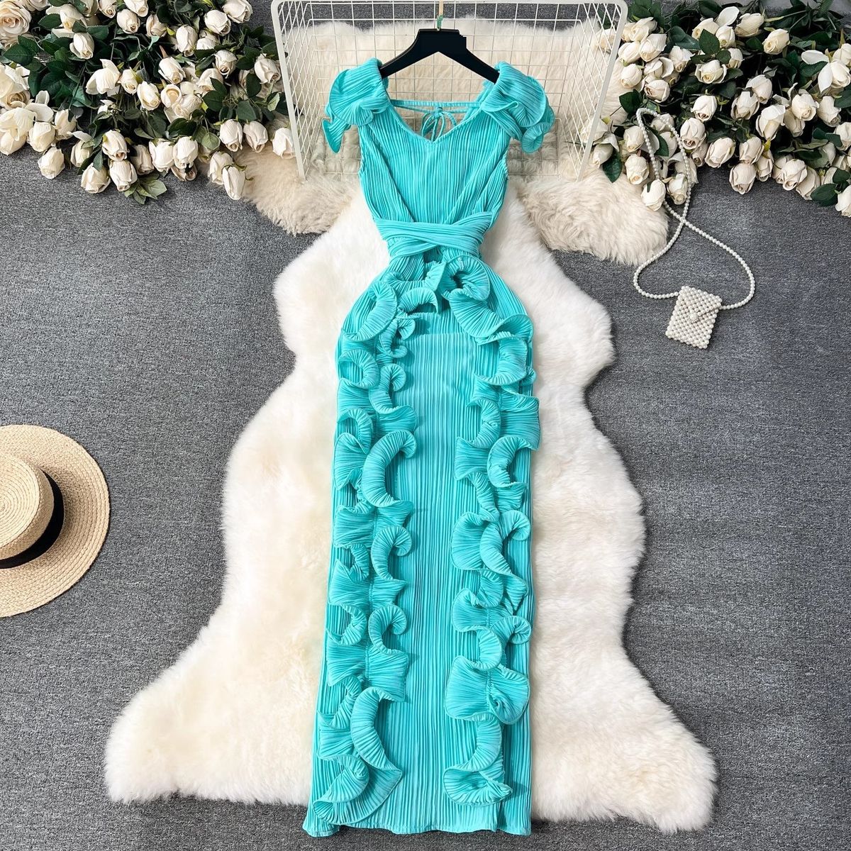 Women's Clothing High End Dress High End Luxury Niche Pleated Three Dimensional Ruffles Slim Long Temperament Dress_ecoleips.com
