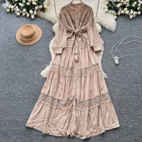 Women's French Retro Court Style Long Dress Heavy Duty Lace Patchwork Waist Cinching Single Breasted Elegant Hollowed Out_ecoleips.com