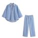 Women's Casual Denim Shirt And Pants Set Wide Sleeve Top with Relaxed Fit Jeans Korean Inspired Outfit for Spring_ecoleips.com