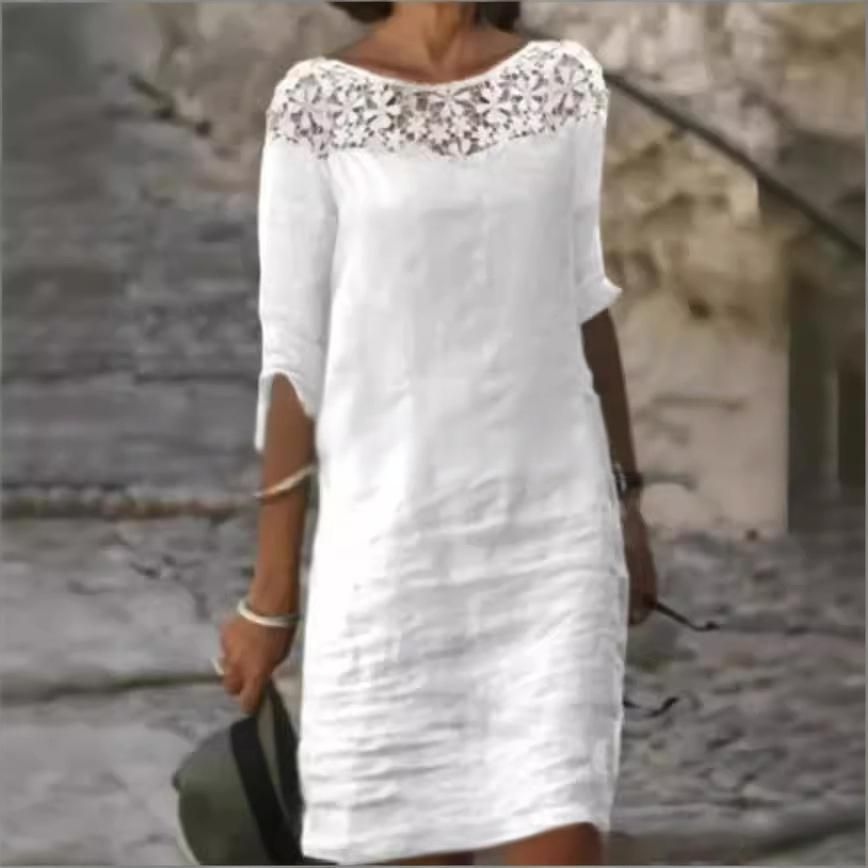 Women's Clothing Women's Solid Color Pure Cotton Lace Dress Style Round Neck Five Sleeve For Formal & Casual For Women_ecoleips.com