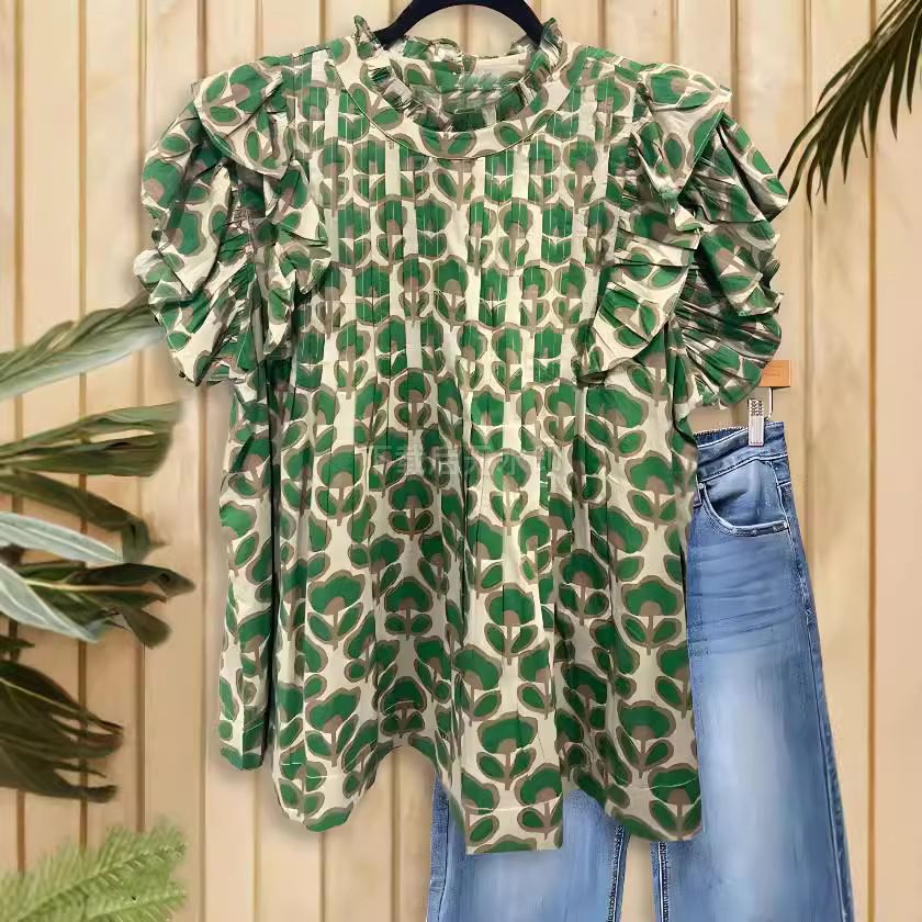 Y2025 Summer Abstract Print Blouse Fashion Ruffle Sleeveless Women's Top_ecoleips.com