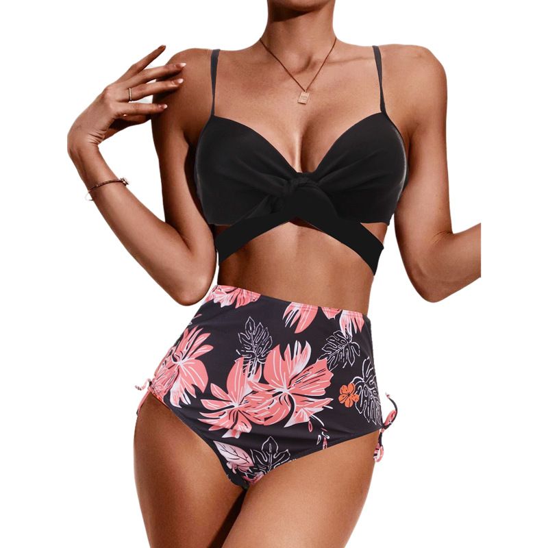 Women's sexy gathered mesh three-piece print split swimsuit for women_ecoleips.com