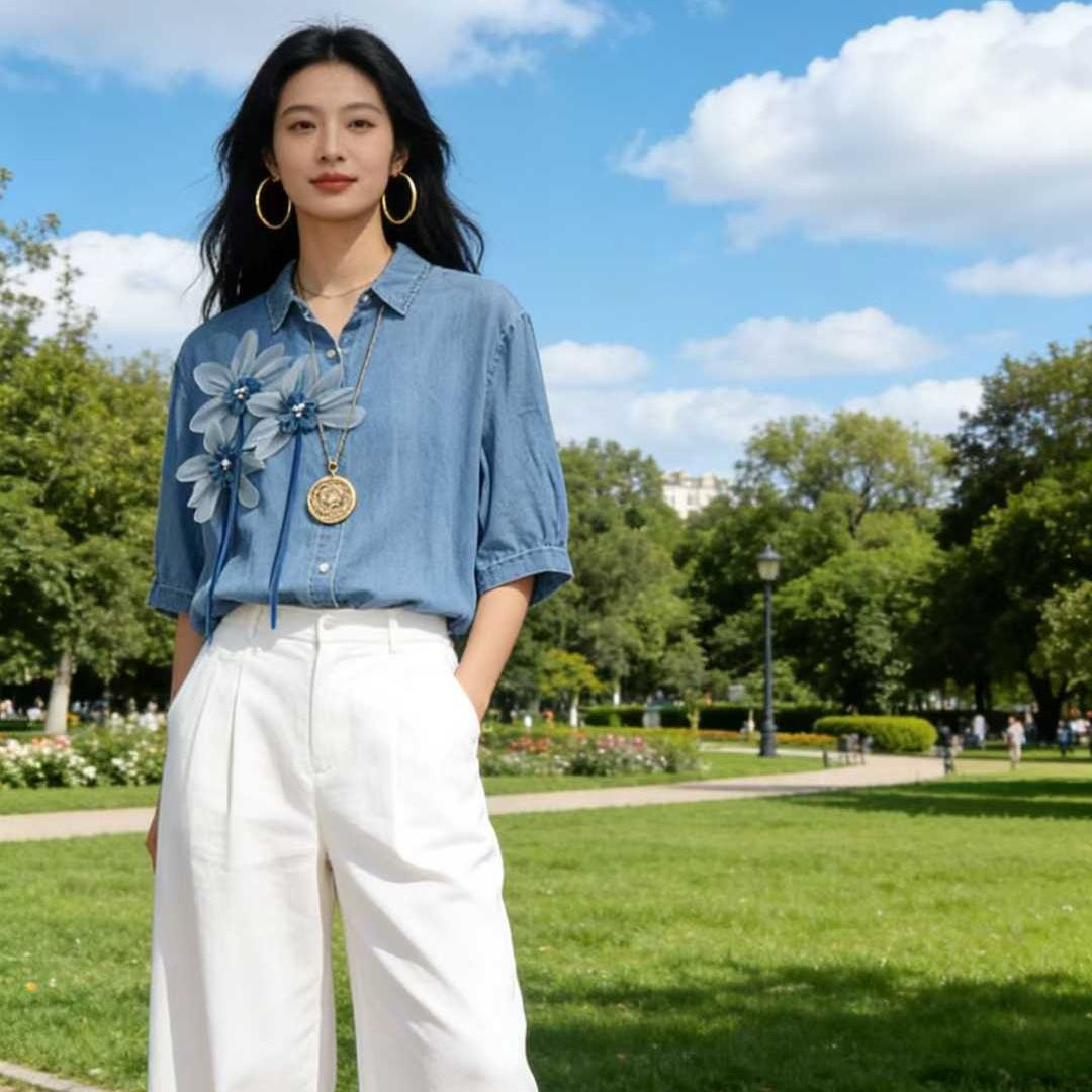 Shenzhen Nanyou High-End 3D Floral Denim Top Versatile Age-Reducing Single VT Brand Blue Denim Women's Clothing_ecoleips.com