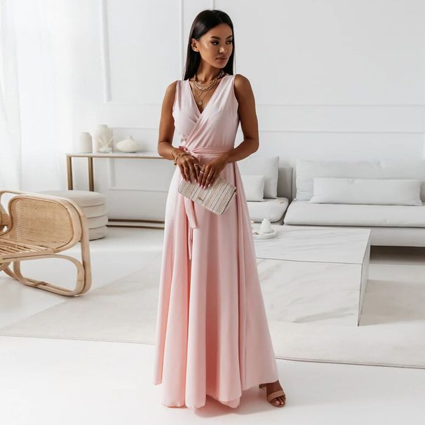 Elegant V-Neck Solid Color Maxi Dress – Women’s Spring & Summer Evening Gown_ecoleips.com