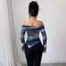 European And American Cross-border 2026 New Women's Knitted Mesh Printed Off-shoulder Long-sleeve Slim-fit T-shirt Top_ecoleips.com