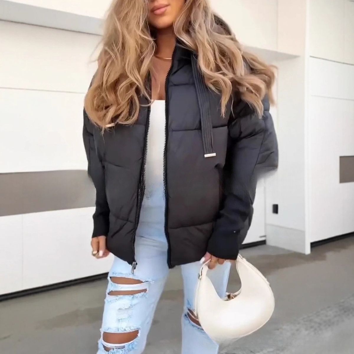 Women's Casual Hooded Down Jacket Short Cotton Thick Winter Coat With Two Straps Large Eyelets_ecoleips.com