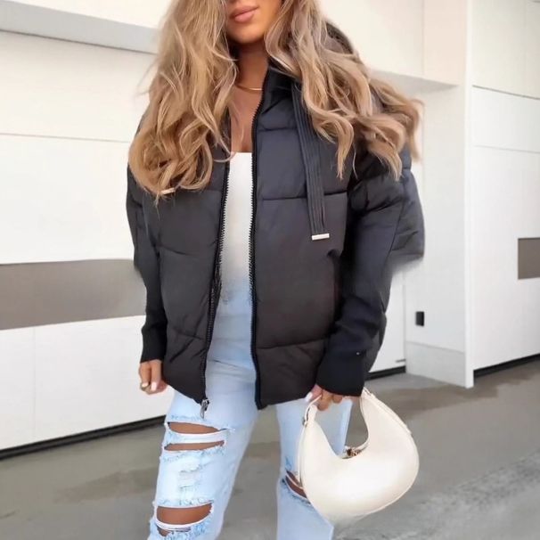Women's Casual Hooded Down Jacket Short Cotton Thick Winter Coat With Two Straps Large Eyelets_ecoleips.com