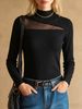 Women Lightweight Breathable Ribbed Knit Sweater, Mock Neck Mesh Cutout Beaded Long Sleeve Slim Fit Elegant Daily Knitted Top_ecoleips.com
