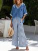 Women's V-Neck Striped Wide-Leg Set - European Style Linen-Like Two-Piece_ecoleips.com
