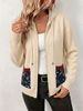 Beige Floral Pocket Pit Rib Knit Hooded Cardigan, Loose Lightweight Breathable Soft Skin-touch Zip Knit Jacket_ecoleips.com