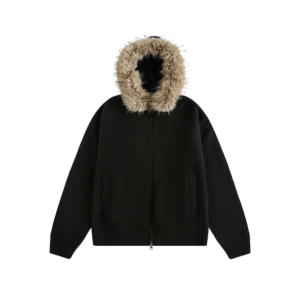 Women's Clothing Retro Detachable Fur Collar Knit Cardigan For Women, Autumn And Winter, Relaxed Style, Couple's Loose Coat_ecoleips.com