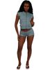 Women's Waffle Texture Two Piece Set HR26021 European American Style Hooded Zip up Top with Drawstring Shorts_ecoleips.com