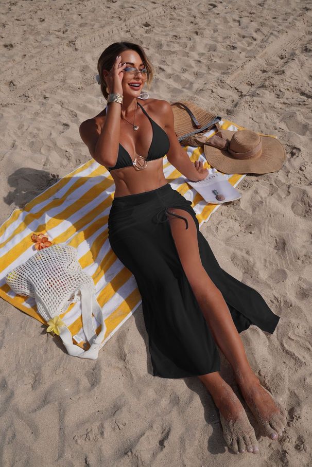 Women's Sexy Solid Color Bikini Set With Mesh Cover-Up - Stylish 3-Piece Swimwear For Beach & Pool (White/Black, S/M/L)_ecoleips.com