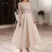 Beige Midi Evening Dress For Women Party Long Sleeve Illusion Neck Ankle Length Arabic Bridal Formal Gowns_ecoleips.com