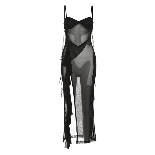 Sensual Mesh Slit Midi Dress With High Slit & Irregular Hem - Sleeveless V-Neck Slip Dress For Women, Evening Clubwear, Party_ecoleips.com