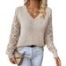 Effortless V-Neck Sweater Women's Lace Knit Top - Breathable Acrylic Pullover, Casual & Office Chic, S/M/L/XL (Beige, Black, Cream)_ecoleips.com
